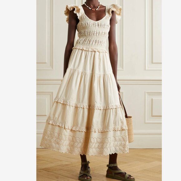 Sea New York Everleigh Eyelet Smocked Midi Cream Tiered Dress Large - Picture 1 of 6